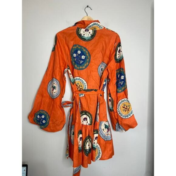 NEW Palm Noosa Austin Linen Long Balloon Sleeve Mini Dress Orange Plates Size:12 - Picture 6 of 7